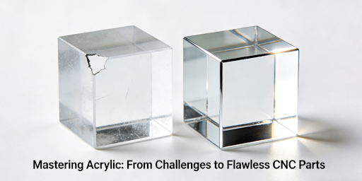 Comparison of a poorly machined acrylic part with chipped edges and a hazy surface versus a perfectly machined acrylic part with optical clarity and sharp edges.