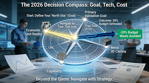 A glowing 3D decision compass floats above a conference table, with axes for Validation Goal (Fit/Function/Endure), Technology (CNC/3D Print/Cast), and Cost (Unit/TCO). A decision path shows technology selection evolving with the goal, guided by true cost, to avoid 30% budget waste.